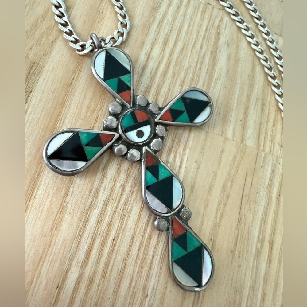 Vintage Zuni signed mosaic inlay cross pendant by Zeno and Mary Ann Edaakie